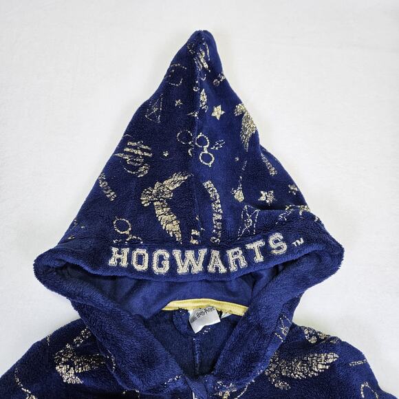 Harry Potter Hooded Pajama One Piece Unisex Kids M 7/8 Hogwarts Fleece Blue Gold - Picture 3 of 12